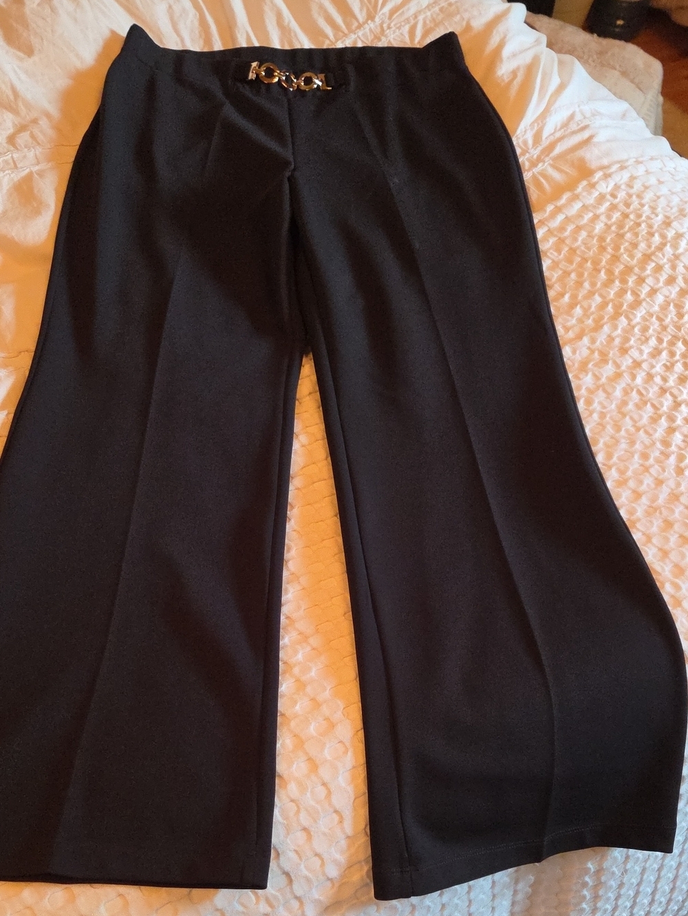 Black Wide-Leg Pants with Gold Chain Accent